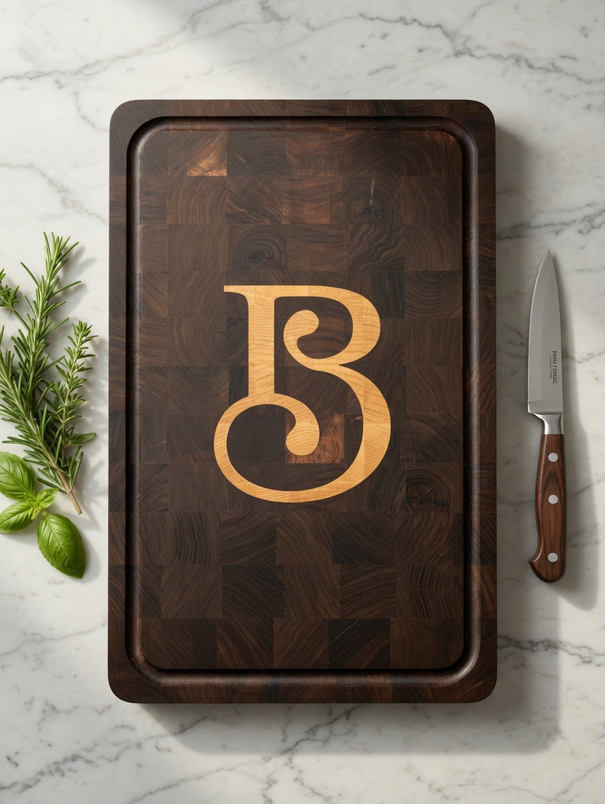 Custom Walnut End Grain Cutting Board with Maple Inlay – Personalized Letter or Monogram