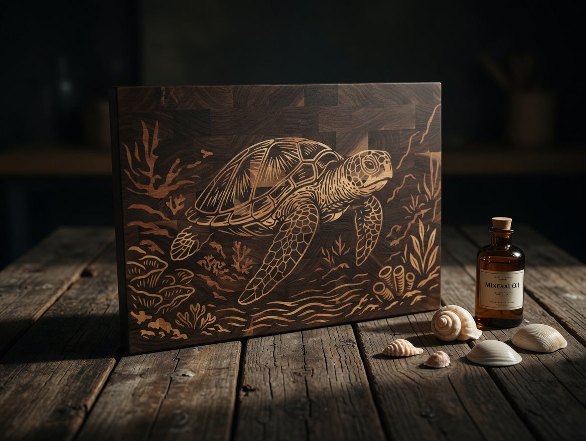 End Grain Walnut Sea Turtle Cutting Board | Maple Cherry Inlay Charcuterie Board (18x12x1.25")