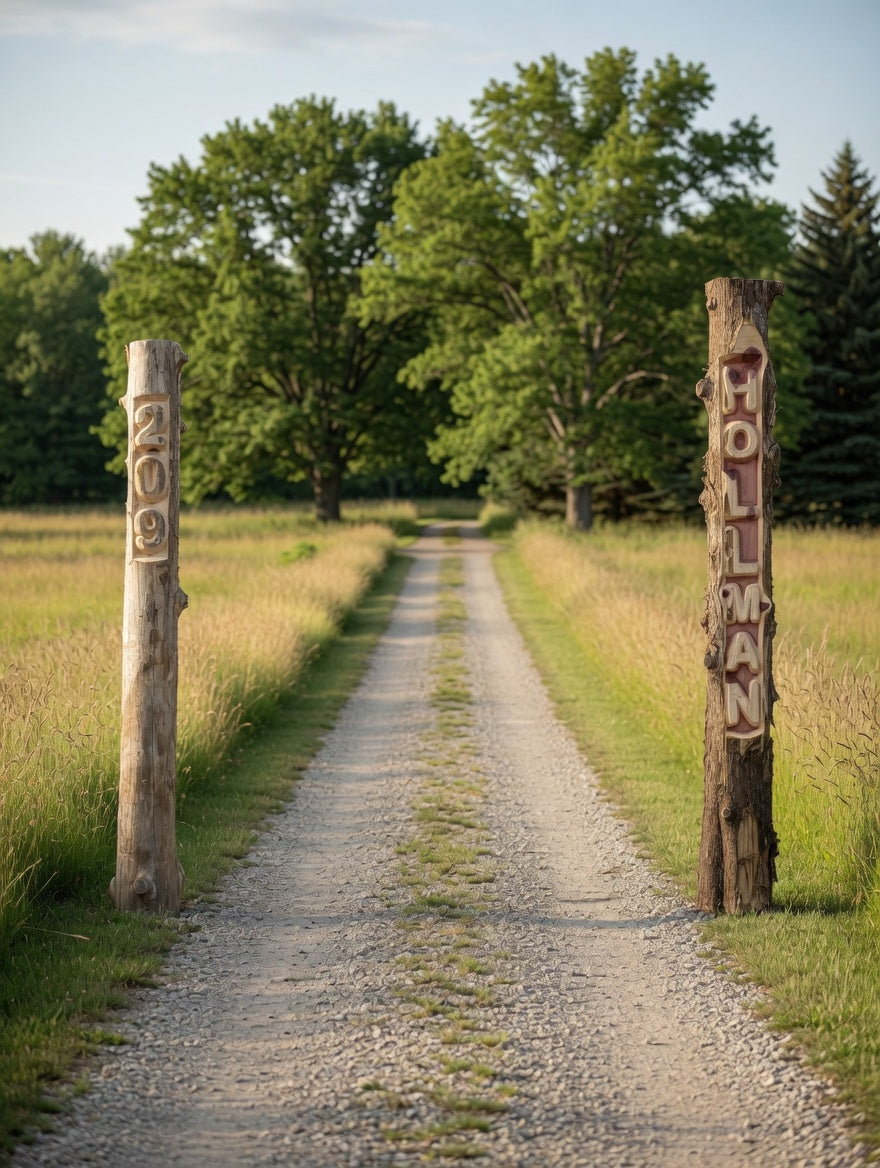 Custom Rustic Carved Log Driveway Markers - Custom Family Name / House Number Sign = Available by Custom Order, contact me,