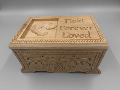 Hand-Carved Wooden Pet Urn – Personalized Memorial Box for Ashes, Custom Dog Cat Tribute