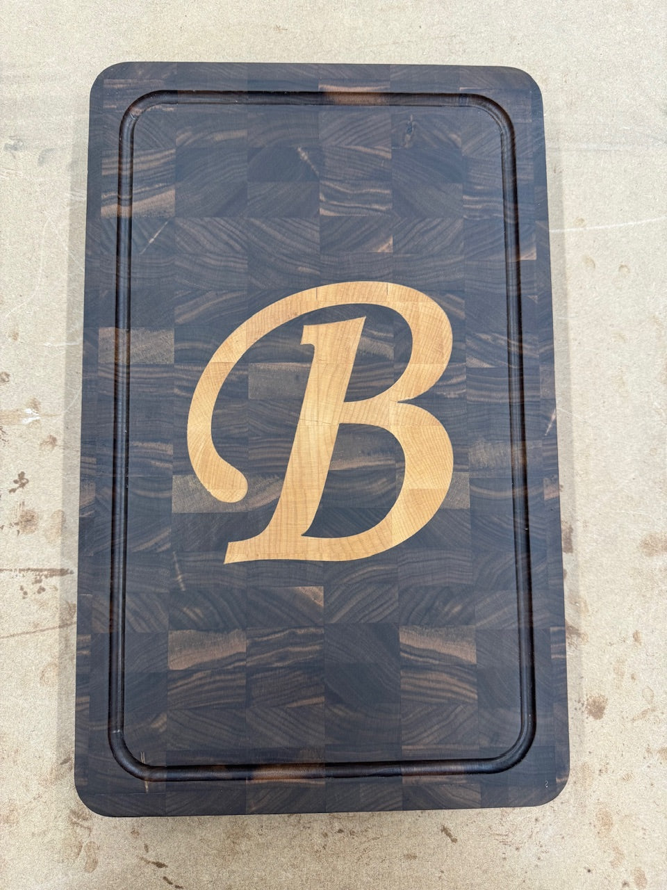 End Grain Solid Walnut Cutting Board with your Initial inlayed with End Grain Maple