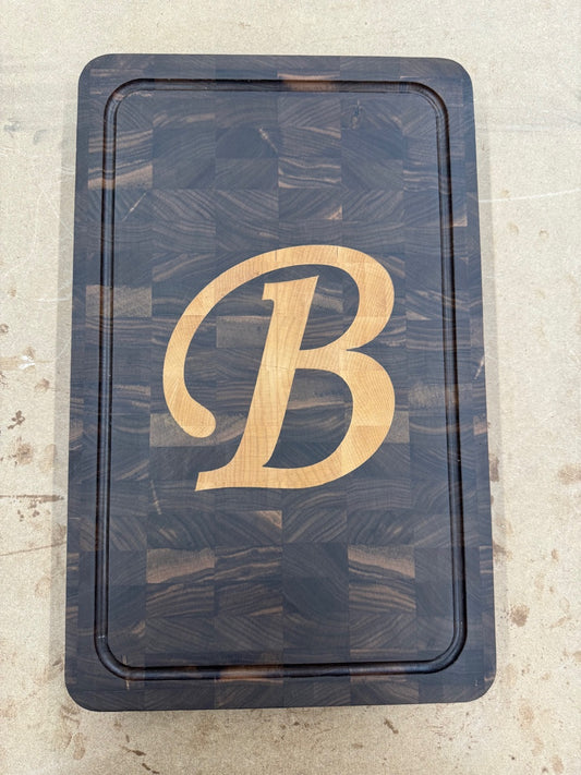 End Grain Solid Walnut Cutting Board with your Initial inlayed with End Grain Maple