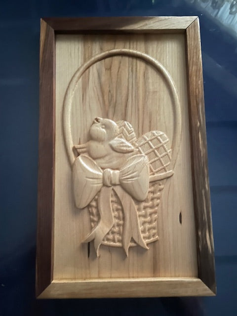 Framed Carved Plaque of an Easter Basket with Chick and Easter Eggs