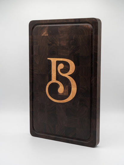 Custom Walnut End Grain Cutting Board with Maple Inlay – Personalized Letter or Monogram