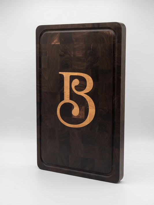 Custom Walnut End Grain Cutting Board with Maple Inlay – Personalized Letter or Monogram