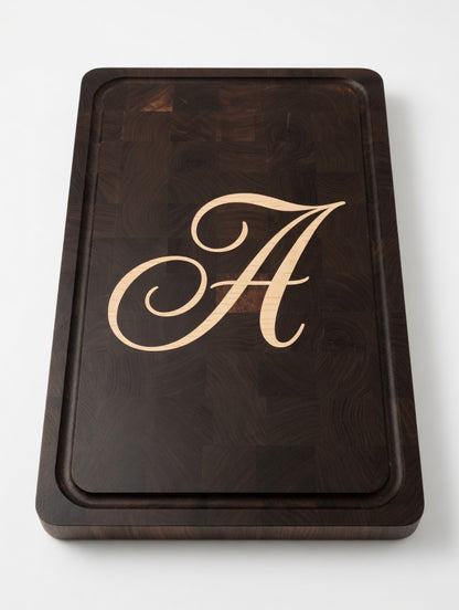 Custom Walnut End Grain Cutting Board with Maple Inlay – Personalized Letter or Monogram