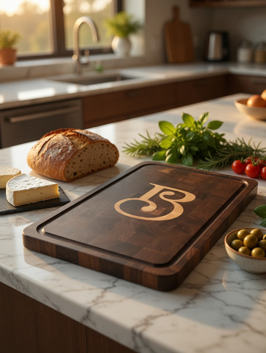 Custom Walnut End Grain Cutting Board with Maple Inlay – Personalized Letter or Monogram