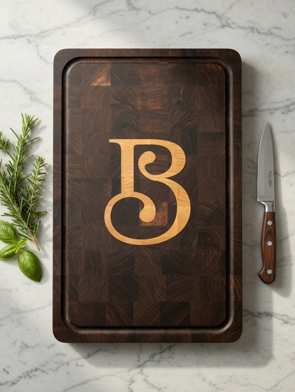 Custom Walnut End Grain Cutting Board with Maple Inlay – Personalized Letter or Monogram