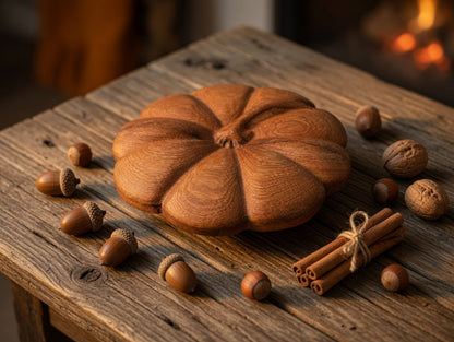 Hand-Carved Wooden Pumpkin Pie Plate & Lid | Rustic Serving Dish, Artisan Wood Turned Pie Keeper