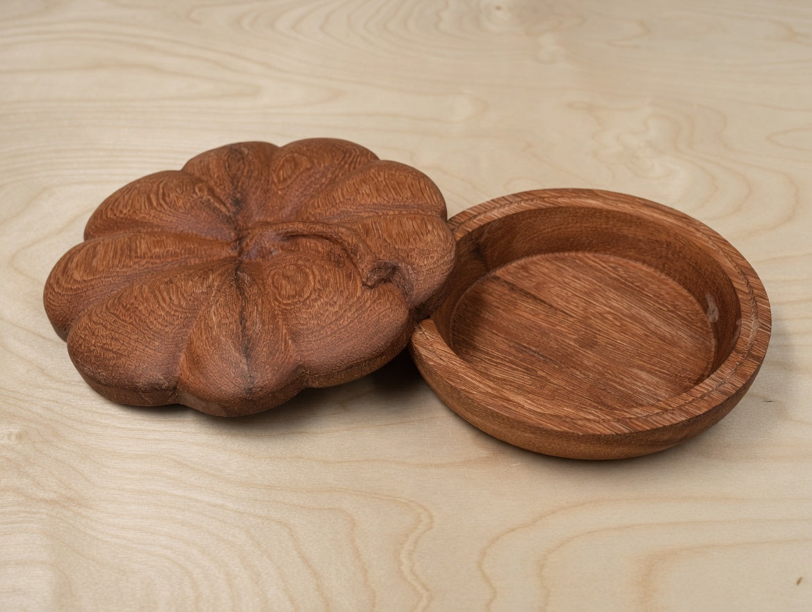 Hand-Carved Wooden Pumpkin Pie Plate & Lid | Rustic Serving Dish, Artisan Wood Turned Pie Keeper