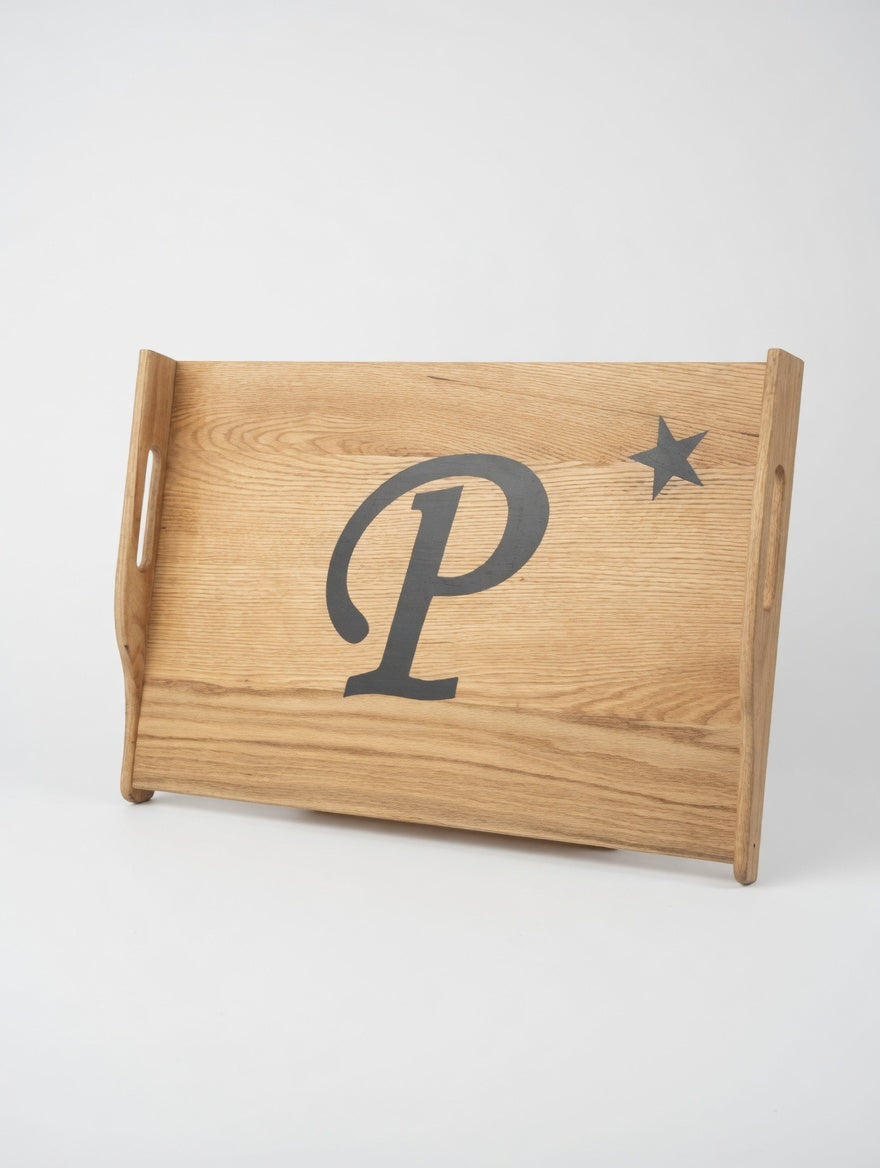 Personalized Oak Stove Topper - Custom Monogram Letter with embellishment.