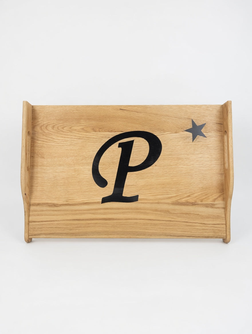 Personalized Oak Stove Topper - Custom Monogram Letter with embellishment.