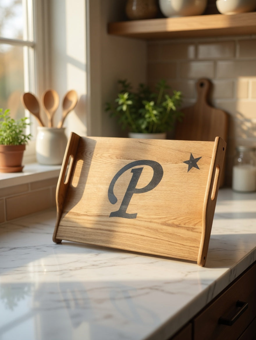 Personalized Oak Stove Topper - Custom Monogram Letter with embellishment.