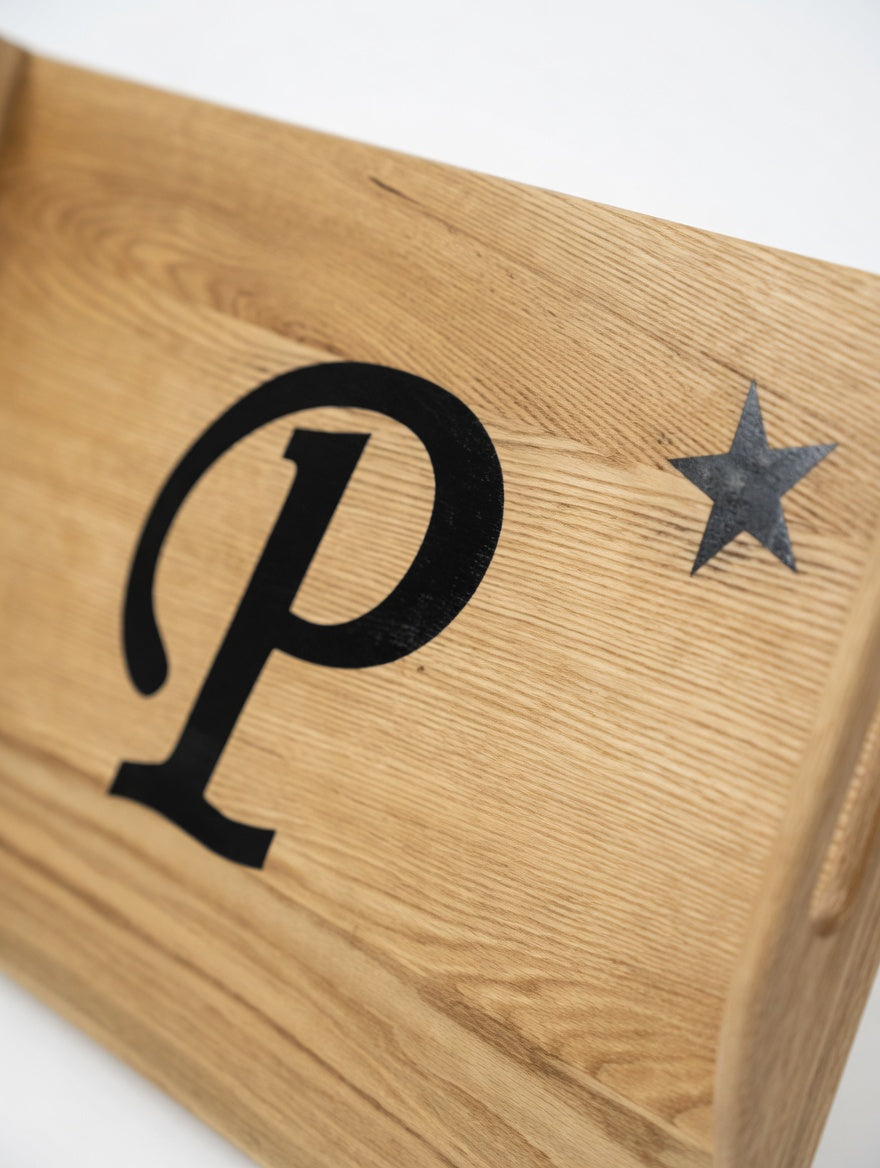 Personalized Oak Stove Topper - Custom Monogram Letter with embellishment.