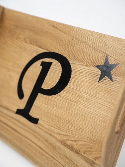 Personalized Oak Stove Topper - Custom Monogram Letter with embellishment.