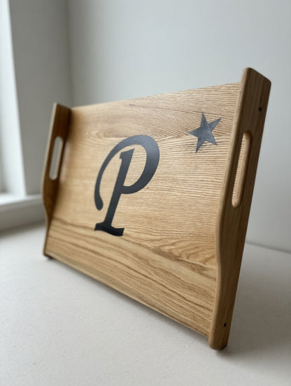 Personalized Oak Stove Topper - Custom Monogram Letter with embellishment.