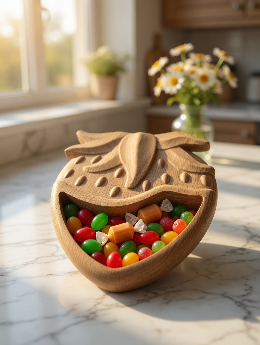 Hand Carved Wooden Candy Dish - Rustic Solid Wood Bowl | Strawberry Serving Bowl
