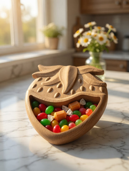 Hand Carved Wooden Candy Dish - Rustic Solid Wood Bowl | Strawberry Serving Bowl