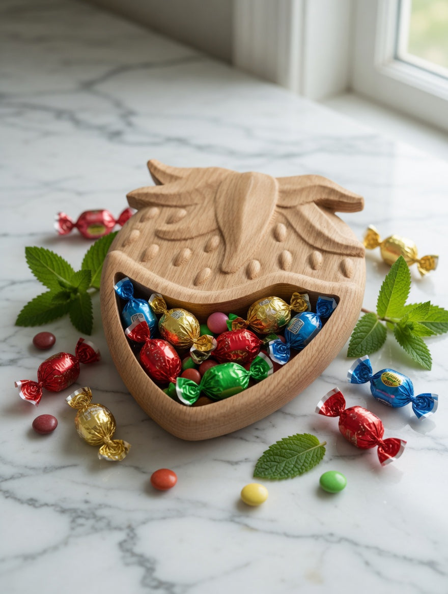 Hand Carved Wooden Candy Dish - Rustic Solid Wood Bowl | Strawberry Serving Bowl