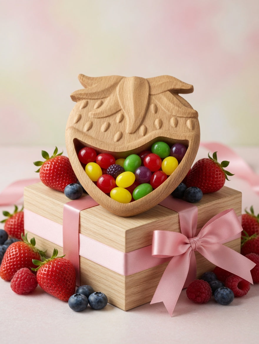 Hand Carved Wooden Candy Dish - Rustic Solid Wood Bowl | Strawberry Serving Bowl