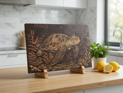 End Grain Walnut Sea Turtle Cutting Board | Maple Cherry Inlay Charcuterie Board (18x12x1.25")