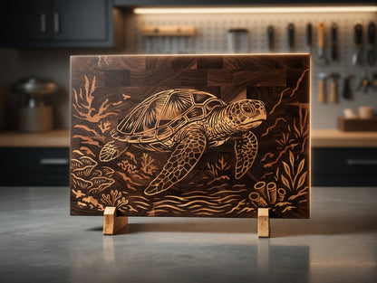End Grain Walnut Sea Turtle Cutting Board | Maple Cherry Inlay Charcuterie Board (18x12x1.25")