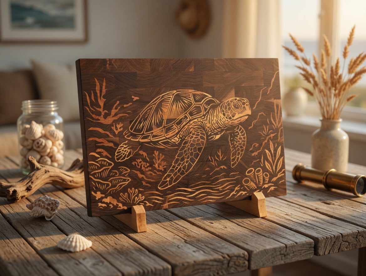 End Grain Walnut Sea Turtle Cutting Board | Maple Cherry Inlay Charcuterie Board (18x12x1.25")