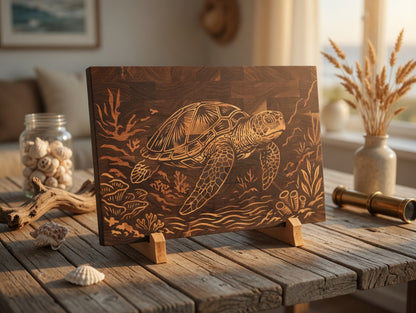 End Grain Walnut Sea Turtle Cutting Board | Maple Cherry Inlay Charcuterie Board (18x12x1.25")