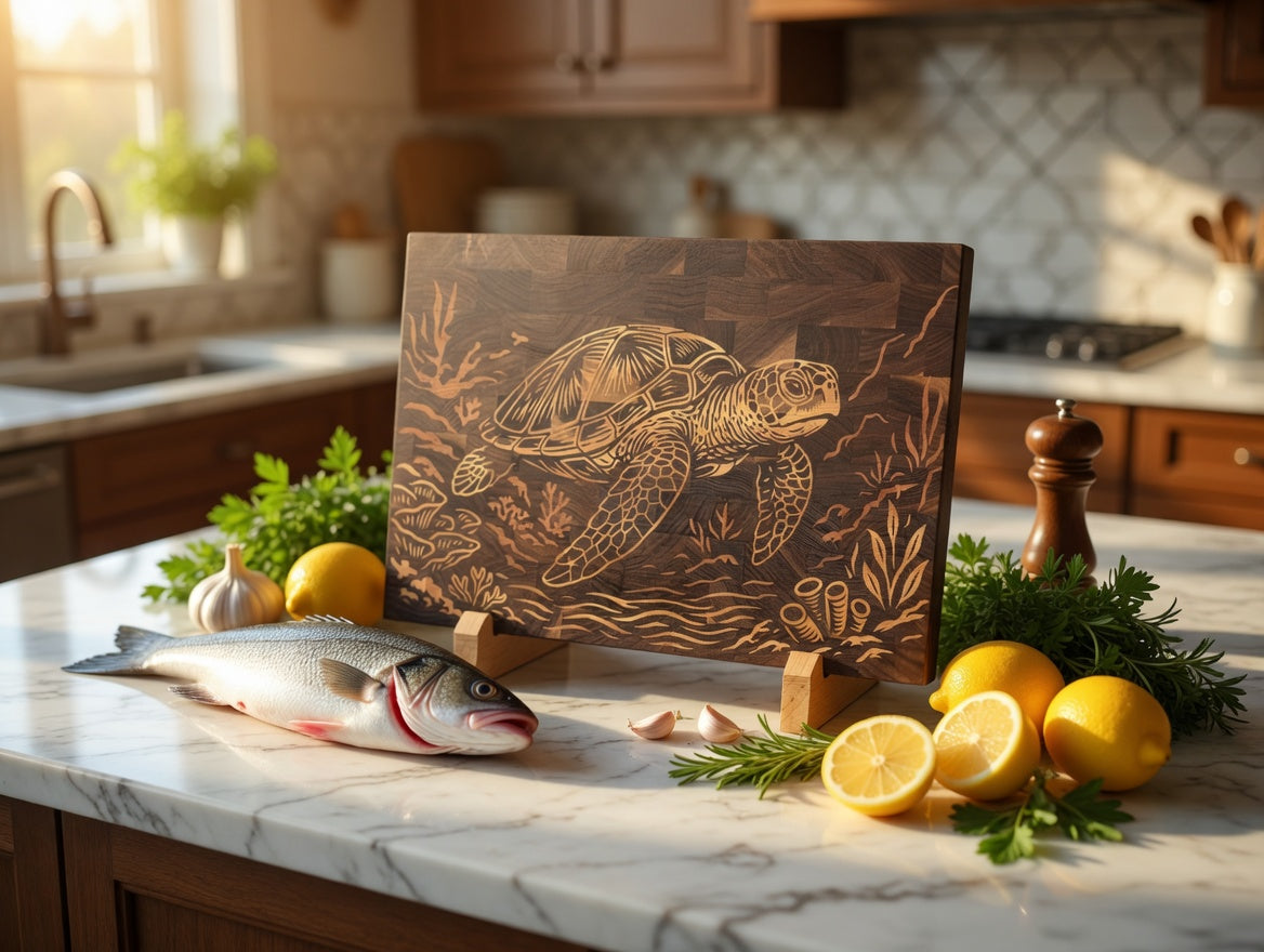 End Grain Walnut Sea Turtle Cutting Board | Maple Cherry Inlay Charcuterie Board (18x12x1.25")