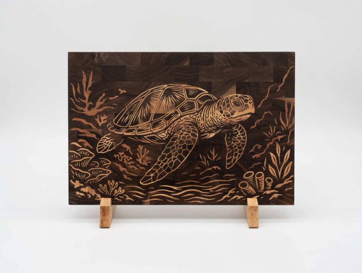 End Grain Walnut Sea Turtle Cutting Board | Maple Cherry Inlay Charcuterie Board (18x12x1.25")