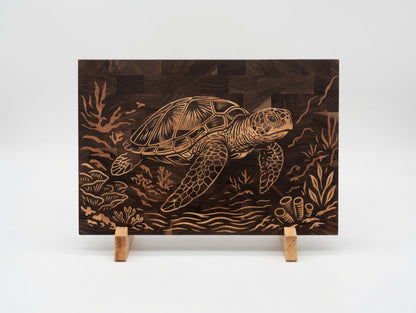 End Grain Walnut Sea Turtle Cutting Board | Maple Cherry Inlay Charcuterie Board (18x12x1.25")