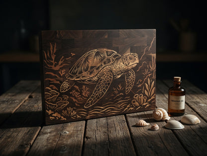 End Grain Walnut Sea Turtle Cutting Board | Maple Cherry Inlay Charcuterie Board (18x12x1.25")